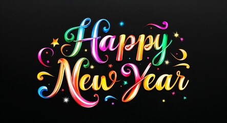 happy new year colorful calligraphic shining shiny smooth lettering on plain black background