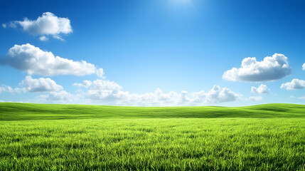 Fototapeta premium Green meadow under a clear blue sky with soft clouds and gently rolling hills, creating a serene landscape