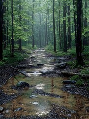 Obraz premium A serene forest scene with a gentle stream winding through lush green trees, creating a tranquil and reflective atmosphere under soft misty light.