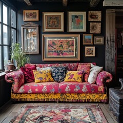 Bright and inviting living room featuring a bold yellow sofa, colorful decorative pillows, stylish wall art, and unique bohemian-style furnishings for an appealing and artistic interior decor.