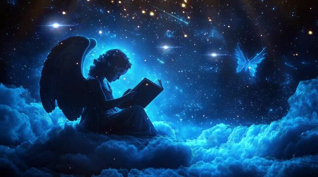 silhouette of an angel sitting on a cloud at night. Virtual 4K video animation background with looping time lapse with very smooth graphics.