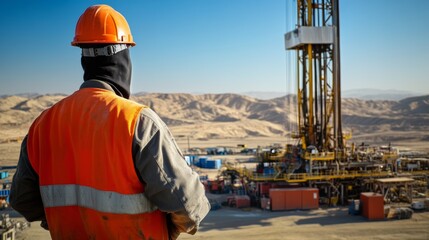 A comprehensive view of an oilfield worker in a protective suit, overseeing drilling operations with rigs and equipment spread out across the desert, Oil drilling site scene