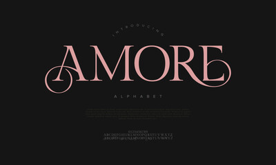 Amore typography beauty fashion elegant minimalist serif italic fonts decorative wedding vintage retro logos. Minimal luxury font alphabet logo. Vector illustration © fourmonths