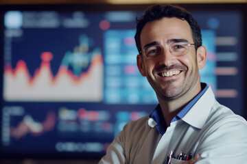 Confident Financial Product Manager Standing in Front of Data Screen