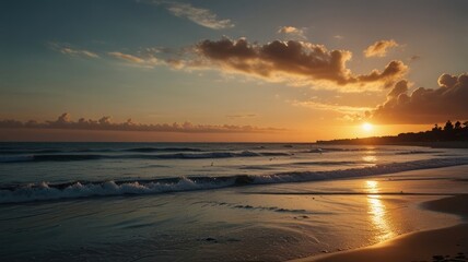Stunning sunset over ocean waves on sandy beach.