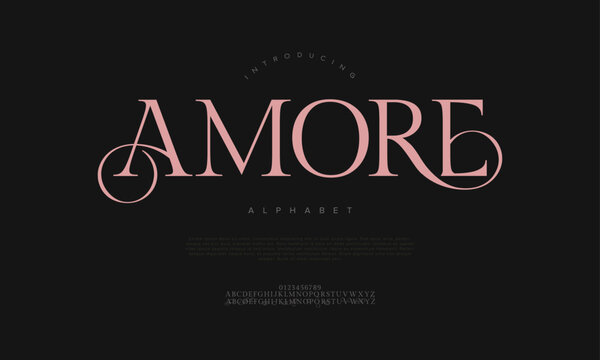 Naklejki Amore typography beauty fashion elegant minimalist serif italic fonts decorative wedding vintage retro logos. Minimal luxury font alphabet logo. Vector illustration