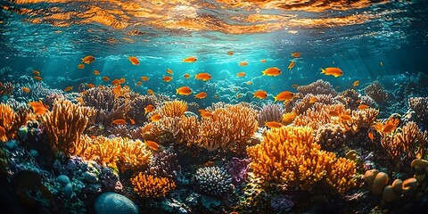 An underwater scene showcasing vibrant coral reefs and schools of orange fish. The sunlight filters through the water, illuminating the colorful marine life.