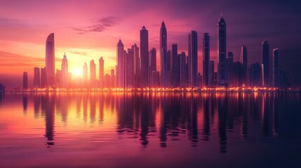 Obraz premium City skyline at sunset reflecting on water.