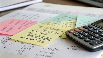 Colorful sticky notes and calculator on desk with mathematical calculations