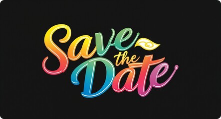 save the date colorful calligraphic shining shiny smooth lettering on plain black background