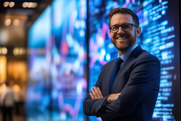 Fototapeta premium Confident Financial Product Manager Standing in Front of Data Screen