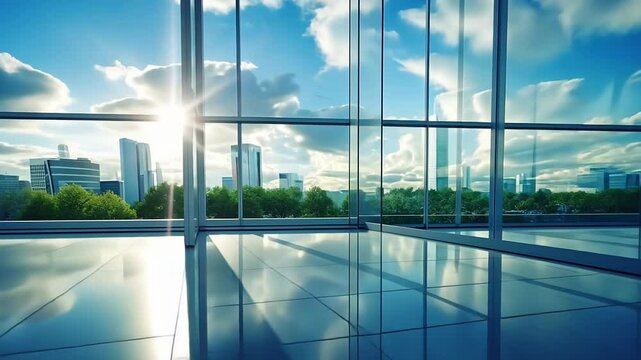 Modern office building or business center. High-rise window buildings made of glass reflect the clouds and the sunlight. empty street outside  wall modernity civilization. growing up business
