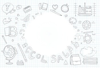 Whimsical Back to School Banner Featuring Hand-Drawn Academic Items and Cloud Text Bubbles for Kids
