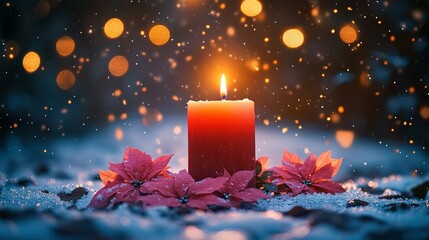 A Lit Candle with Poinsettias in Winter Snow