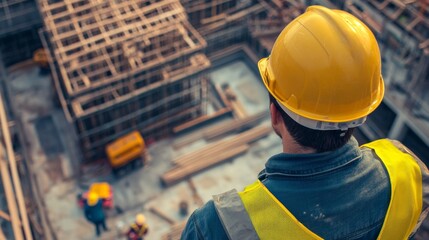 A construction foreman overseeing formwork installation for a commercial building foundation, with construction crew and equipment visible, looking at the camera