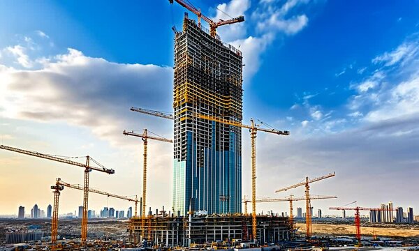 A construction site featuring a tall building under development with cranes and machinery.
