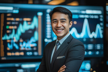 Confident Financial Product Manager Standing in Front of Data Screen