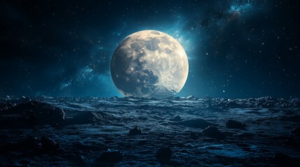 Fototapeta premium Large glowing moon rising over a dark rocky lunar surface under a starry night sky.