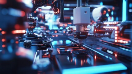 Close-up of a futuristic robotic assembly line with vibrant lights.