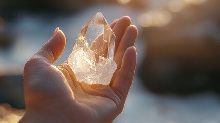 Close-up of a hand holding a sparkling quartz crystal against a soft, neutral background