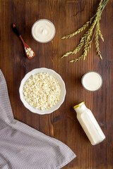 Various dairy products, top view. Milk and cottage cheese with sour cream