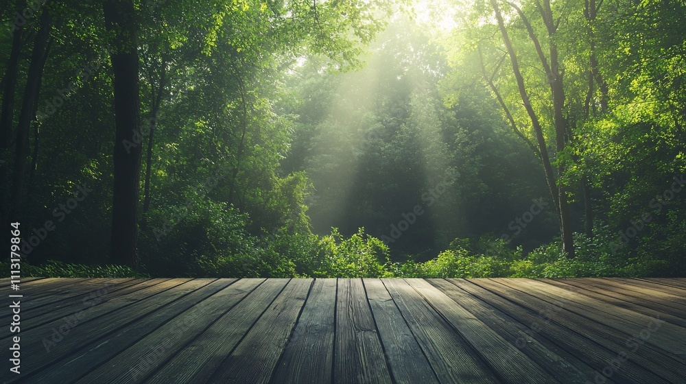 Poster sun rays filtering through trees illuminating wooden platform in forest
