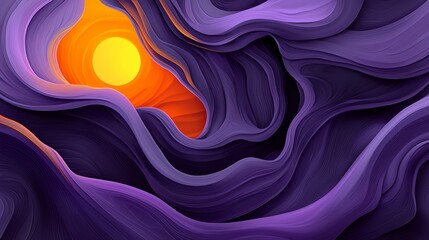 Obraz premium Abstract landscape featuring flowing purple shapes with a bright sun in the background.