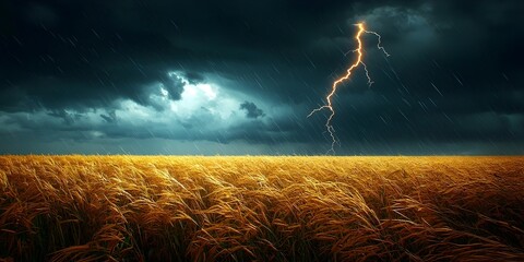 A dramatic scene in an expansive golden wheat field under a dark stormy sky, illuminated by a striking bolt of lightning, evoking a sense of nature's power and beauty.