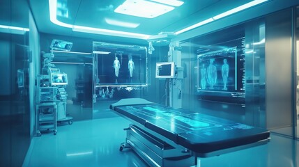 Obraz premium Futuristic medical room with advanced technology and holograms.