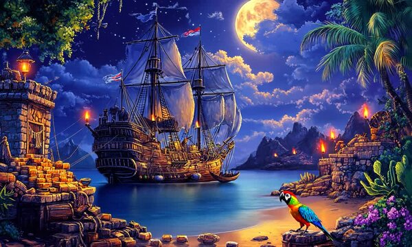 A vibrant pirate ship anchored by a moonlit beach, with a colorful parrot in the foreground.