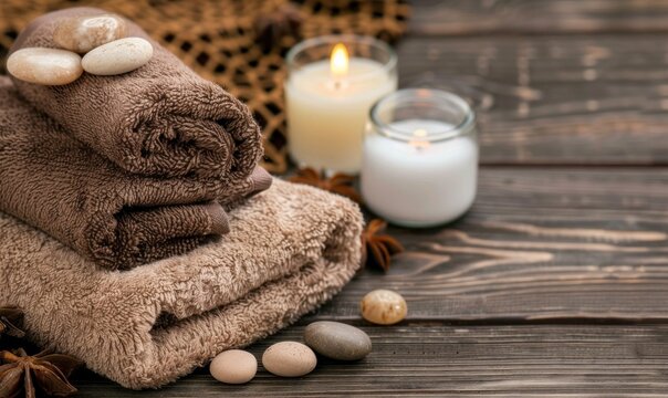 Soft towels stacked with candles and pebbles create a serene, cozy spa atmosphere on a wooden surface.