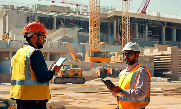 Two construction workers discussing plans at a building site, with machinery in the background.