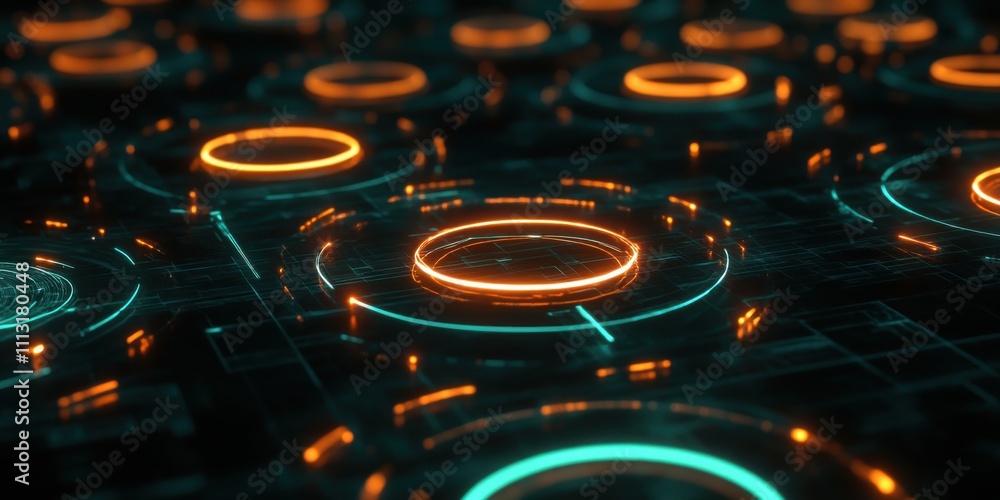 Poster abstract futuristic technology background with glowing orange and teal circuits and rings digital in