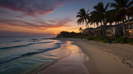 Vibrant sunset over a tropical beach with palm trees and ocean waves.