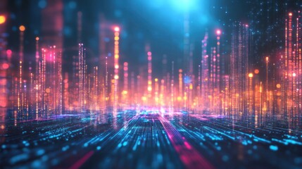 Obraz premium Abstract digital landscape with vibrant light patterns and colors.