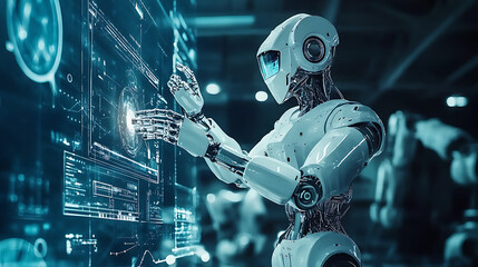 Futuristic robot interacting with a holographic interface in a technological environment.