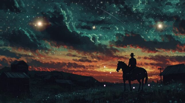 silhouette of a cowboy riding a horse at night. Virtual 4K video animation background with looping time lapse with very smooth graphics.