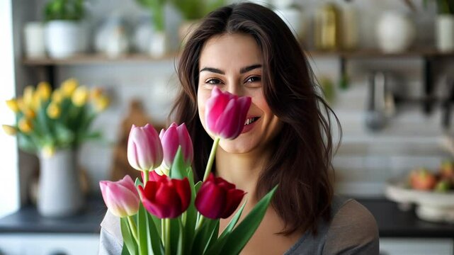 Smiling woman holding colorful tulips in a bright kitchen filled with plants and fresh flowers