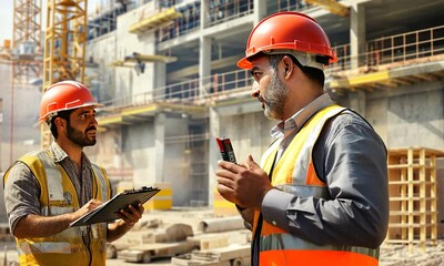 Two construction workers discussing a project on a building site with equipment and machinery.