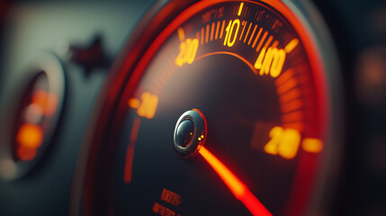 Close-up of a vintage car speedometer needle approaching the red zone.