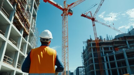 A construction worker directing crane operations at a building site, with a focus on safety signals and machinery, looking at the camera