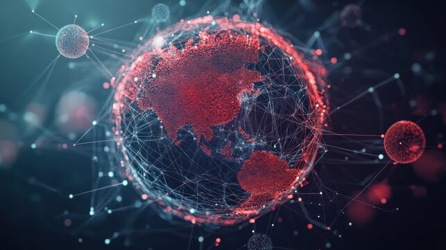 Global interconnectedness, abstract representation of earth with digital network connections and particles.