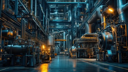 Fototapeta premium Industrial interior with machinery and pipes in a factory setting.