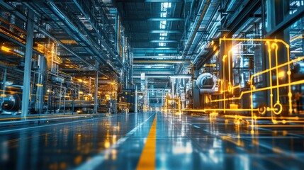 Fototapeta premium Futuristic industrial warehouse with digital elements and lighting.