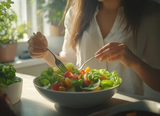 Attractive female woman holding salad bowl and eat vegetables, eat clean. Diet and healthy food concept.