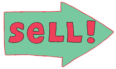 red inscription sell on a green arrow and a thin outline on the arrow in red, right arrow