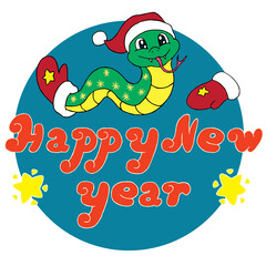 smiling green snake in a red New Year's hat and with a red mitten on its tail, with the inscription Happy New Year in red at the bottom