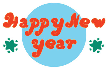 red inscription happy new year with two blue stars on the sides, blue circle in the background