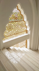 Intricate Geometric Lattice Window Casting Shadows on Marble Stairs