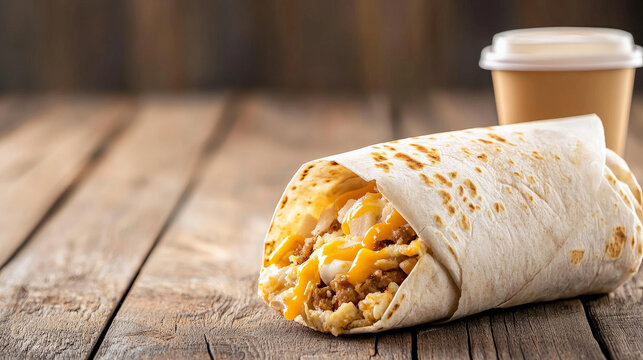 Breakfast burrito with cheese and coffee on wooden table